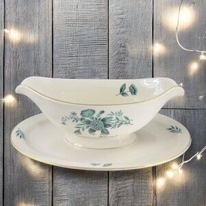 Pickard Fine Porcelain Diana Pattern Gravy Boat Saucer Dish Bowl USA Green Ivory